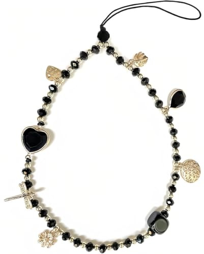 ZILZUFA Cordon Telephone Portable, Bijoux de Telephone, Dragonne, Longe, 1 Pièce Cristal Anti-Perte étui Pendentif Chaîne (Noir)