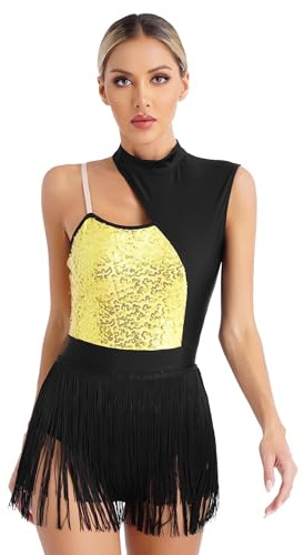Xnihocha Damen Latein Tanzkleid Glitzer ärmellos Latein Tanztrikot Ballettanzug Kontrast Farbe Tanzbody mit Fransen Tanzkostüm