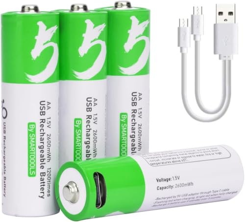 Yangers 4 pièces Piles Rechargeables AA USB C, 1,5V 2600mWh Lithium ION Batterie Rechargeables AA Longue Durée Li-ION Akku AA avec Câble de Charge USB C 2 en 1
