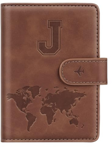 Passport Holder Wallet Cover Personalized Letter A-Z Travel Wallet RFID Blocking Passport Cover Wallet Case for Travel Passport Book Holders for Women and Men, Brown-J