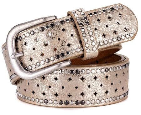 Jalach Damen Nieten Gürtel mit Stern Loch, breiter Ledergürtel, kürzbar Jeansgürtel, Leder Nietengürtel Glitzergürtel