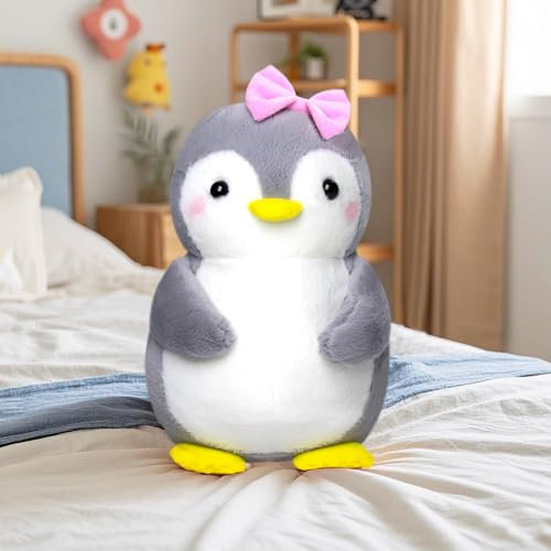 Celawork 45cm Pinguin Kuscheltier, Stofftier Plüschtier, Süßer Pinguin für Kinder, Plüschpinguin Geschenke für Jungen Mädchen (Rosa Schleife)+Exquisite Grußkarte