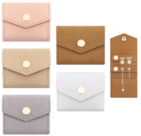 LELE LIFE Mini-Reise-Schmucketui, kleine Samttasche, Reise-Schmuckrolle, Organizer mit Druckknopf, für Damen, Ringe, Ohrringe, Ohrstecker, Halsketten, Geschenktüten, 5 Stück