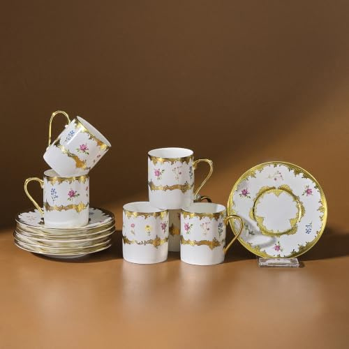 KARACA Kaffeetassenset Bihter 12 teilig für 6 Personen Mehrfarbig 90 ml, Espressotassen aus Knochenporzellan Goldverziert, Spülmaschinengeeignet