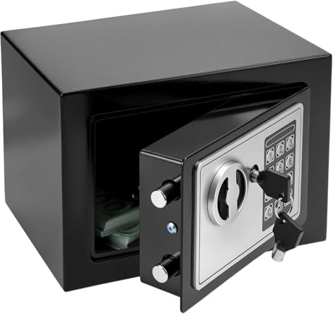 QWORK® caja fuerte, pequeña para el hogar, caja fuerte electrónica, acero de alta calidad, 23 x 17 x 17 cm, para efectivo, tarjetas de identificación y joyas.