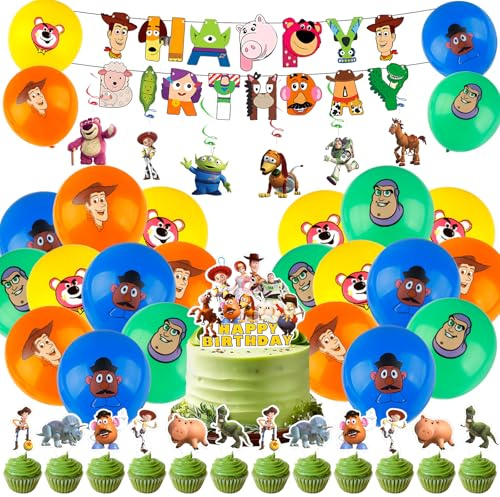 Toy Birthday Decorations for Boys Girls, Story Cake Toppers Party Decorations Latex Balloons Cake Decorations Happy Birthday Banner Party Supplies for Kids Theme Decor