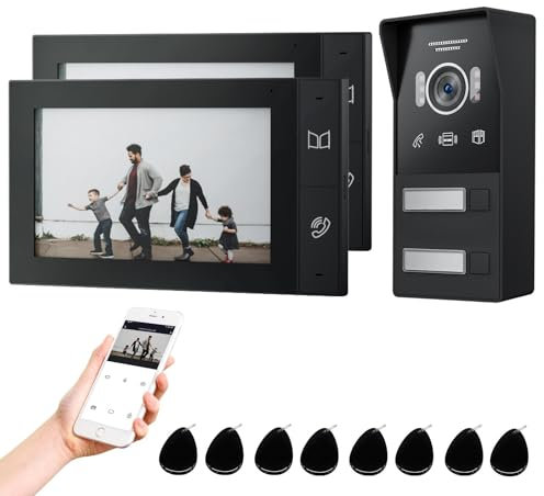 JeaTone KIT Videocitofono Wifi 2 fili con 7 pollici Touchscreen,Videocitofono Bifamiliare,Rilevamento Del Movimento PIR,APP/Carta RFID Unlock,Visione Notturna,Kit Citofoni Smart con APP,Video/Foto
