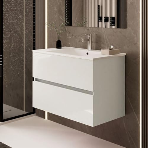 Mobile da bagno sospeso 100 cm colore bianco con cassetti e lavabo incluso - Rondel