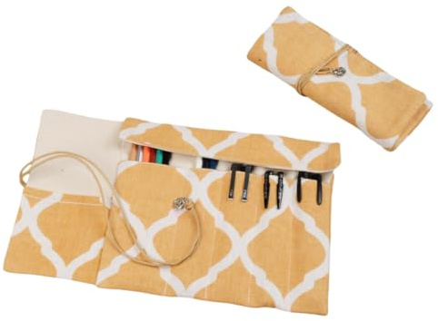 YISENJEE Leinwand Stifterolle Handgefertigtes Federmäppchen Aus Stoff Mit Japanischem Muster, Stiftvorhang, Füllfederhalterrolle-Yellow Square