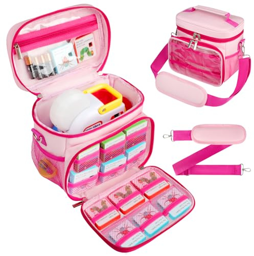 Tesuko Carrying Case Compatible with Little Tikes Story Dream Machine Books Starter Set with 12 Storybook Pockets, Travel Story Bag for Storytime Book Character Collection with Shoulder Strap (Pink)