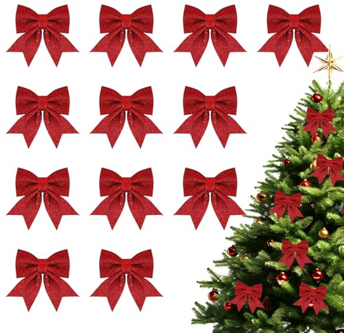 12 Stücke Rote Schleifen Weihnachtsbaum,12 x 15cm Glitter Weihnachtsschleifen,Weihnachtsbaum Deko Große Rote Schleife (Rot)