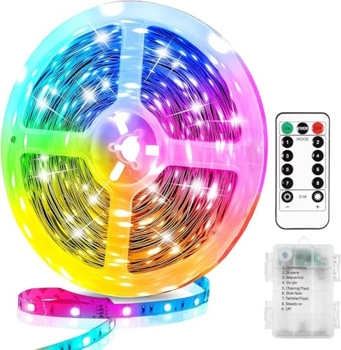YeahBoom LED Streifen Batteriebetrieben,1 Meter LED Strip Selbstklebend,mit 8 Modi Timer Fernbedienung,Wasserdicht Lichtleisten Flexibler Schneidbar,für Schlafzimmer Schrank Zuhause Dekoration(Bunt)