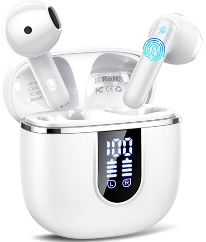 Bluetooth Kopfhörer, Kopfhörer Kabellos Bluetooth 5.4 In Ear Kopfhörer mit 4 ENC Noise Cancelling Mic, 40Std Ohrhörer mit LED Anzeige USB-C, IP7 Wasserdicht Wireless Earbuds für Sport Arbeit, Weiß