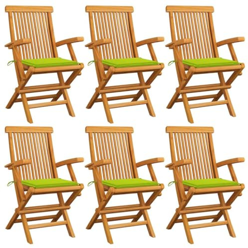 Hoopleep Gartenstühle Massivholz Teak, 6er-Set klappbar, Hellgrüne Kissen, 55x60x89 cm, wetterfest für Outdoor Terrasse, langlebige Holzstühle