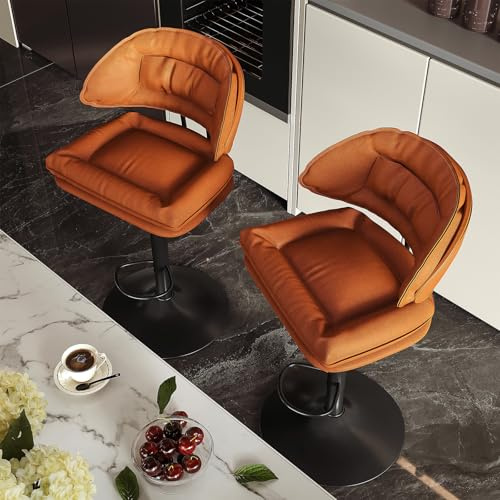 Nalupatio Modern Bar Stools Set of 2, Spacious Ergonomic Double-Layer Cushion Upholstered Swivel Bar Stools with Backrest, Adjustable for Kitchen Island,（Orange）
