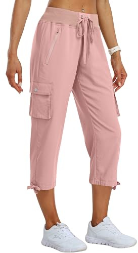MoFiz Pantalones Cargo Mujer Capri Pantalón 3/4 Largo Ligero Verano Outdoor Pantalones de Senderismo Transpirable con Bolsillo Cremallera Rosa XL