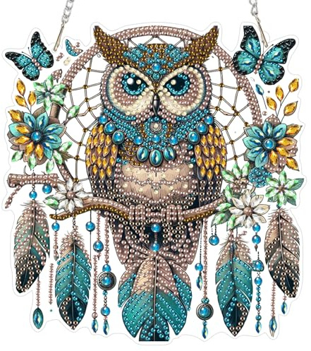 MAXBYE Eule Diamond Painting Fensterbilder Erwachsene, Traumfänger Diamond Painting Muster Kristall Hanging Pendant, DIY Gem Art Window Pictures Both Sides Für Fenster Wand Decor Geschenk 20x20cm