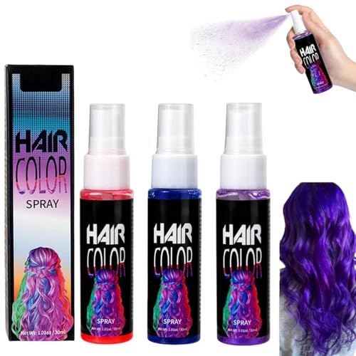 Temporary Hair Colour Spray, Washable Hair-Dye Spray for Adults, Wash Out Hair Colour for Parties, Halloween, Cosplay & Festivals - Purple, Blue, Red