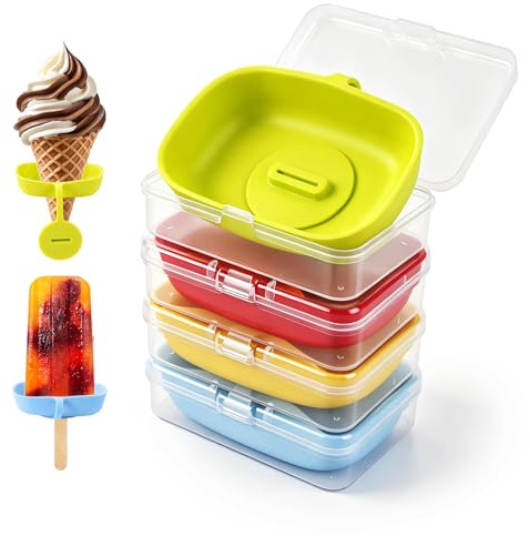 Aurvivia 4 Pcs Ice Lolly Holders for Kids,Silicone Ice Lolly Drip Catcher | Two Ways of Use,with Storage Box,2-in-1 Ice Pop Holder for Home Gadget,Summer Party(Red,Green,Blue,Yellow)