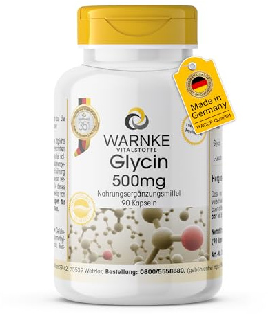 Glycin 500mg - mit 2000mg Glycin pro Tagesdosis - 90 Kapseln - schluckfreundlich - hochdosiert & vegan - Aminosäure | Warnke Vitalstoffe - Deutsche Apothekenqualität