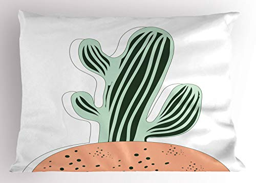 Lunarable Cactus Pillow Sham, Cartoon Saguaro Doodle Soil Plantation Garden Art Botanical, Decorative Standard Queen Size Printed Pillowcase, 30 X 20, Peach Evergreen and Pale Sage Green