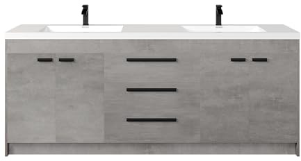 Eviva Lugano 84 Cement Gray Modern Double Sink Bathroom Vanity w/White Integrated Top - Solid Wood Bathroom Sink Cabinet w/Matte Black Handles - Freestanding Bathroom Vanities