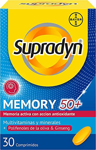 Supradyn Memory 50+ Multivitaminas Para La Memoria Y Concentración, Vitaminas, Vitamina C, Minerales, Ginseng, Zinc, Sin Glúten, Sin Lactosa, Naranja, Amarillo, 30 Comprimidos
