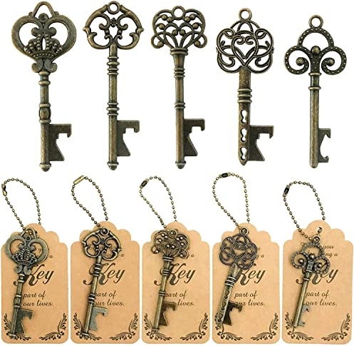 WODEGIFT 50pcs Bottle Opener,Wedding Favors Vintage Skeleton Key Bottle Opener,Key Bottle Openers with Escort Tag Cards and Key Chains Wedding Gifts for Guest（Bronze,5 styles）