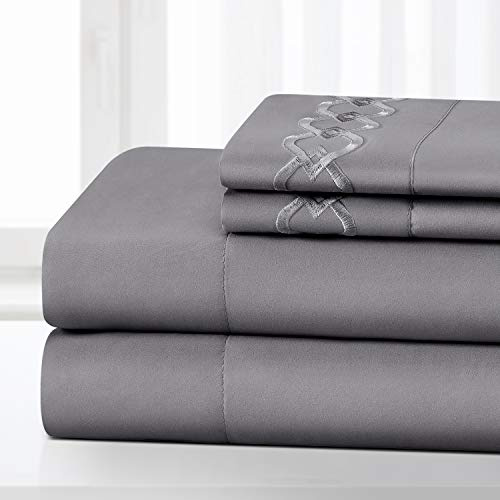 HOMEIDEAS 4 Piece Buckle Embroidered Edge Bed Sheets Set Extra Soft Brushed Microfiber 1800 Bedding Sheets Deep Pocket, Wrinkle & Fade Free (King, Gray)