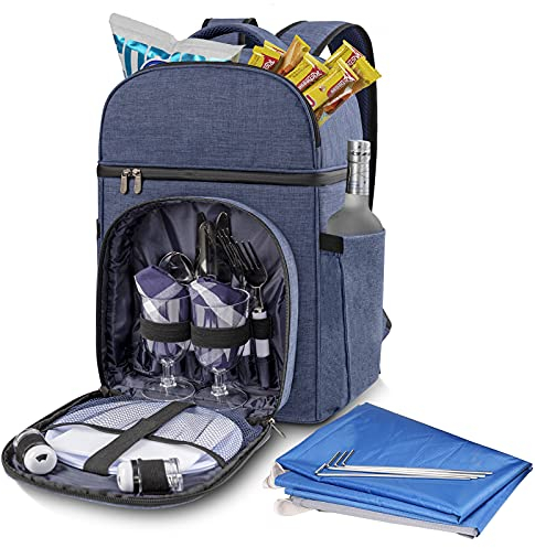 Vogano Picknickrucksack & Zubehör – Picknick-Set für 2 Personen mit 2 isolierten Kühlfächern, leichte Decke und Besteck-Set, perfekt für Hochzeitsgeschenke für Paare und Brautparty-Geschenke
