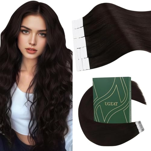 Ugeat Tape Extensions Echthaar Dunkelbraun 50 cm 50G 20 Stück #2 Braun | Remy Tape in Echthaar Extensions Braun, glatter Fall, Dunkel Braun, Unsichtbar, nahtloser Übergang, für Hochzeiten