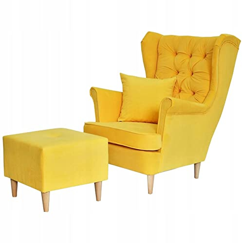 Family Meble Ohrensessel mit Hocker, Modell Gaja, Skandinavisch, Relaxsessel aus Webstoff, Loungesessel, Ohrensessel mit Hocker, Bequemer Sessel, Für Wohnzimmer, Esszimmer, Schlafzimmer, Zitronengelb