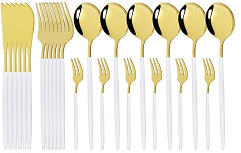 24 teile/satz Gold Spiegel Besteck Set 18/10 Edelstahl Geschirr Geschirr Besteck Besteck Set Abendessen Messer Kuchen Gabel Löffel Set essgeschirr (Color : White Gold)