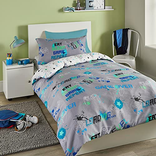 Bedlam Gaming Duvet Cover Set – Double (200 x 200 cm) – Glow in the Dark – Grey Gamer Bedding – Reversible 2 Designs – Includes 2 Pillowcases – Fun Gaming Bedroom Accessories