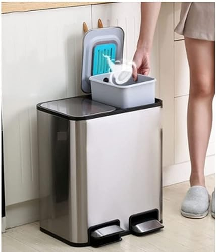ABGRC Cubo de Basura Bote de Basura de Acero Inoxidable, Gran Capacidad de 12 l + 12 l con Pedal, Bote de Basura de Dos barriles Interiores extraíbles para la Cocina del hogar, Plateado Moderno