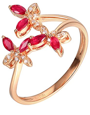 KnSam 18 Karat Rotgold 750 Freundschaftsringe Frauen, Rot Rubin Trauringe 0.32ct 3 Schmetterlinge Rotgold 750 Solitärring mit Diamant Echt Gold Schmuck, Gr.48 (15.3)