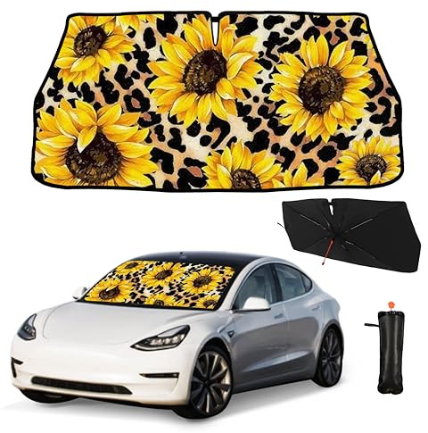 Edeeil Sunflower Car Umbrella Sun Shade Cover Sunflower Foldable Car Windshield Sun Shade Umbrella Block UV Rays Heat Keep Vehicle Cool for Cars SUV Trucks 57x30