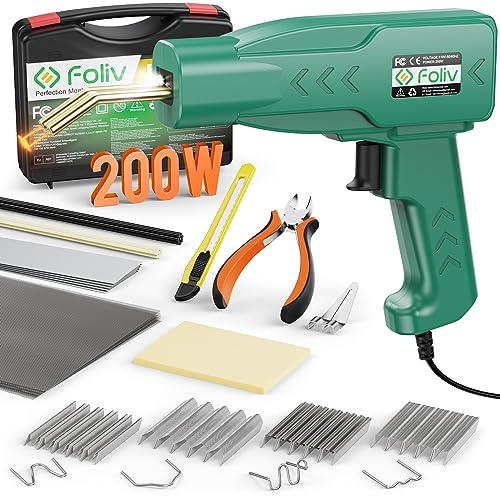 Foliv 200 W plastsvetsmaskin, set med 2-i-1 svetsmaskin, bil, stötfångare, reparationsset med 1 000 st svetsstift, 16 plastsvetsstänger och sandpapper, tång, knivar