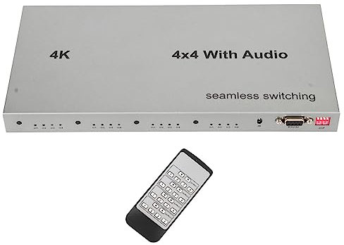 Matrice HDMI 4K 4x4 avec Audio, Répartiteur Vidéo 4 en 4 Sorties 4K 30Hz avec Prise en Charge de L'extracteur de Son HDCP 2.2, HDR pour PC, Projecteur, Moniteurs (Prise UE)