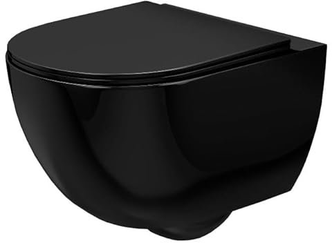 Rea Cuvette WC suspendue Carlo Mini Rimless Flat Black Cuvette Toilette céramique - Abattant Softclose en Duroplast - Abaissement Automatique à Fermeture en Douceur (Noir brillant)