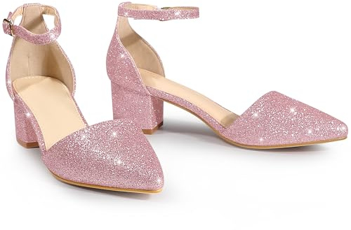 Perphy Women Glitter Chunky Heel Pointed Toe Ankle Strap Mary Jane Pumps | ABS Outsole. Lightly Padded Insole. Chunky Heel. Pointed Toe. Ankle Strap. Party, Work, Date, Wedding