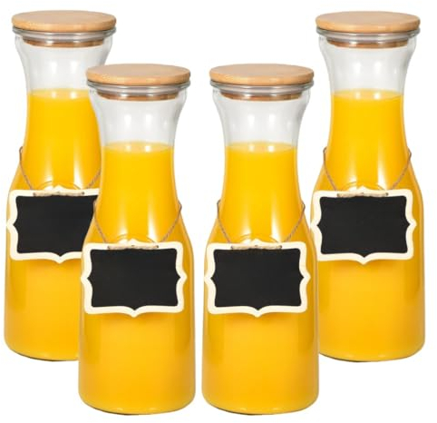 MEETOZ 4 Pack Glass Carafe Pitchers,34 Ounces/1 Liter Beverage Dispensers with Bamboo Lids and Tags,for Water, Juicing, Iced Tea, Beverage, Wine, Mimosa Bar Supplies