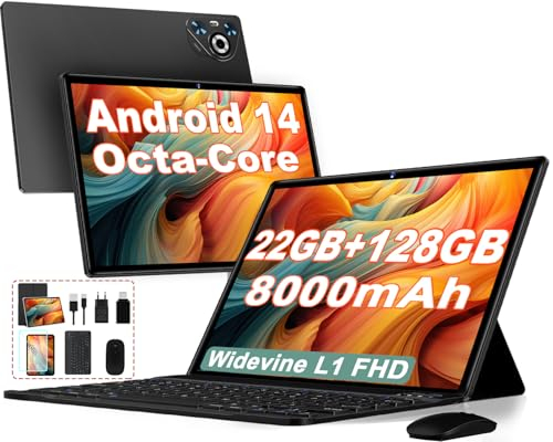 Dghrti Android Tablet 10 Zoll, 22GB RAM 128GB ROM/TF 1TB, Octa-Core Prozessor, 8000mAh, BT5.0, 8MP+5MP, Dual WLAN, Face ID, Widevine L1, Augenschutz, Tablet mit Tastatur & Maus Metallkörper-Schwarz