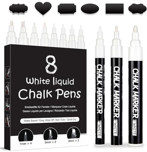 AOSUCO White Chalk Pens, Washable Liquid Chalk Pens for Blackboards, Window, Glass, Chalkboard, Jars, 8 Pack Chalk Markers (1mm & 3mm & 6mm) with 45 Labels, Wipeable Blackboard Pens