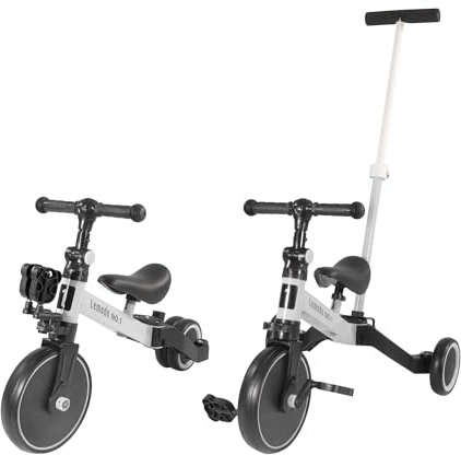 Lemodo Dreirad weiß mit Schiebestange – Laufrad, Lauflern-Dreirad höhenverstellbar für Kleinkinder 1-5 Jahre, mitwachsendes Kinderfahrzeug, Kleinkind-Fahrrad aus Metall, stabil, belastbar bis 60 kg