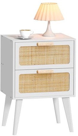 YAUKOMEL Rotting nattduksbord, sidobord i trä med 2 handtillverkade rottinglådor, boho nattduksbord, sidobord soffa med förvaring, för vardagsrum, sovrum, vit, DECTG59W