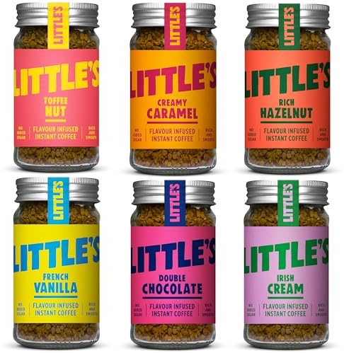 Little's Flavoured Instant Coffee Dragons Den Bundle, 6 Pack (50g x 6) - Flavours: Vanilla, Caramel, Rich Hazelnut, Toffee Nut, Double Chocolate, Irish Cream - Vegan Friendly, Low Calories