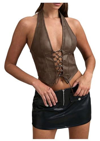 SOLY HUX Women's PU Leather Halter Top Lace Up Sleeveless Backless Y2k Crop Tank Tops Solid Brown Large