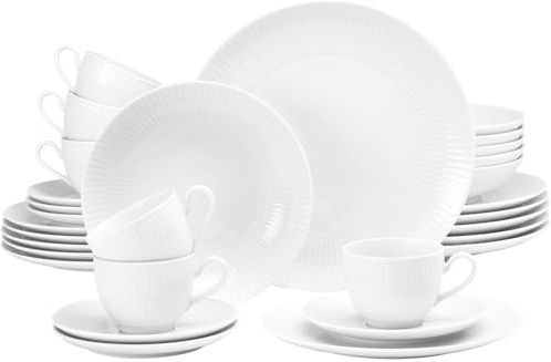 Seltmann Weiden Amina Service de table 30 pièces complet pour 6 personnes, vaisselle de table et de café avec motif discret en relief, porcelaine, blanc