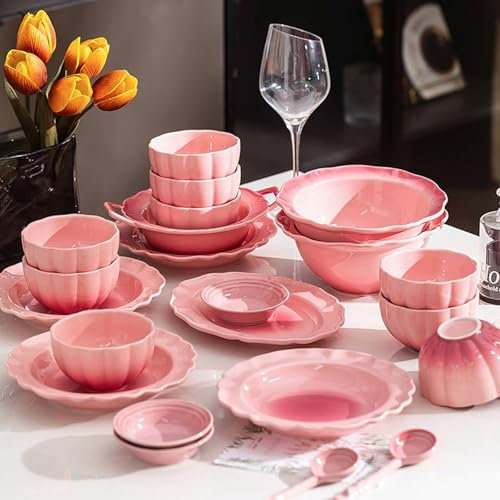 Set Di Stoviglie Servizio Piatti Rosa Servito Da Tavolo Colorato Servizio Di Piatti Moderni Piatto Portata Piatti Da Portata Piatti Pizza Ceramica Con Piatto Piano, Fondo,Dolce E Frutta(30pcs)